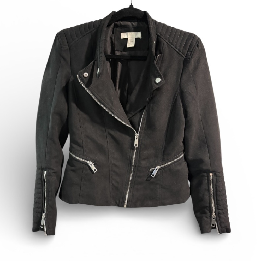 H&M Black Quilted Moto Biker Jacket Size 4 Asymmetrical Zip Faux Suede Edgy